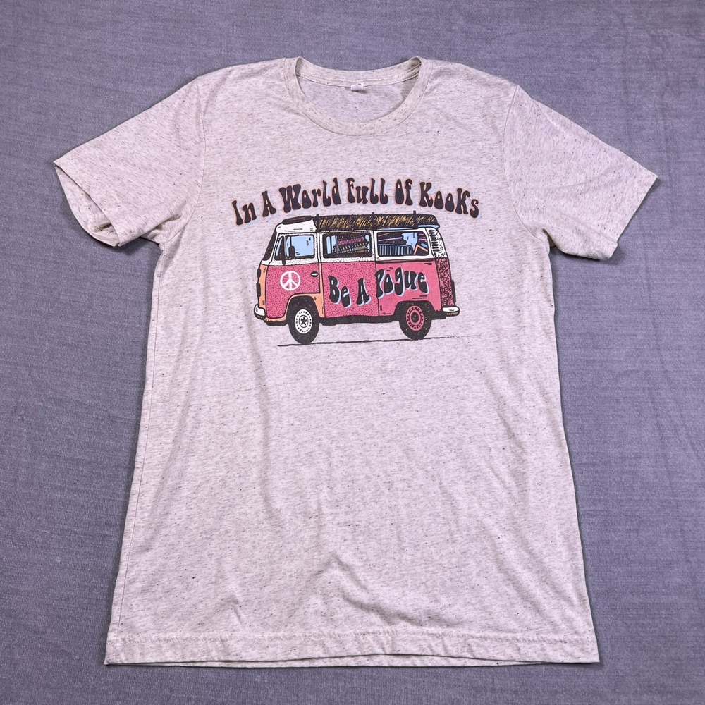 Unbranded VW Bus Graphic Tee Short Sleeve Crew Neck T-Shirt Women M Oatmeal